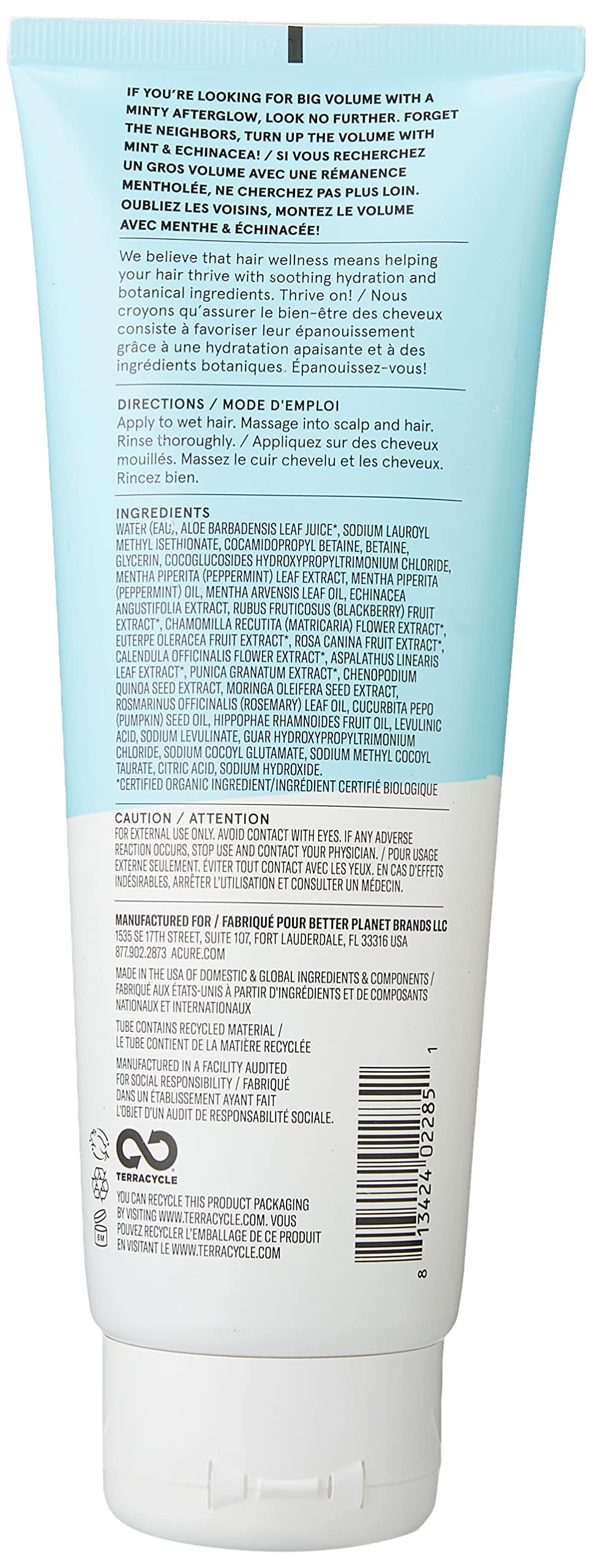 Acure Vivacious Volume Shampoo Echinacea 100% Vegan, White/Blue, Mint, 8 Fl Oz